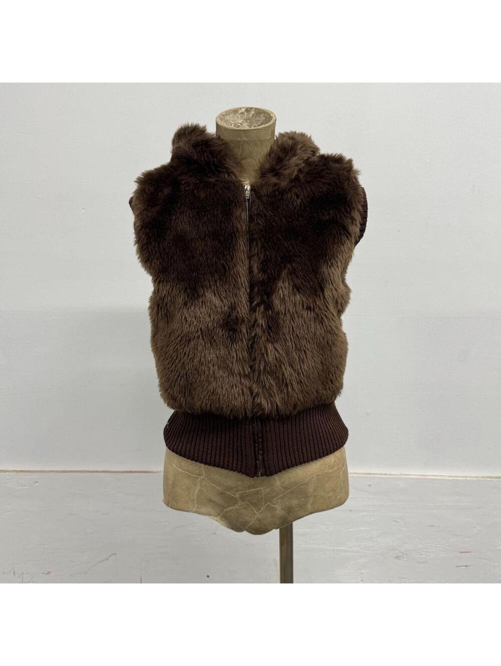 Vintage Y2K Charlotte Russe Chocolate Brown Faux Fur Knit Hooded Vest